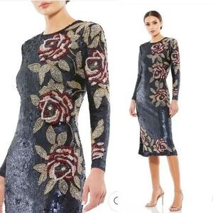 Mac Duggal 93624 Navy Floral Sequined Long Sleeve Midi Dress $538